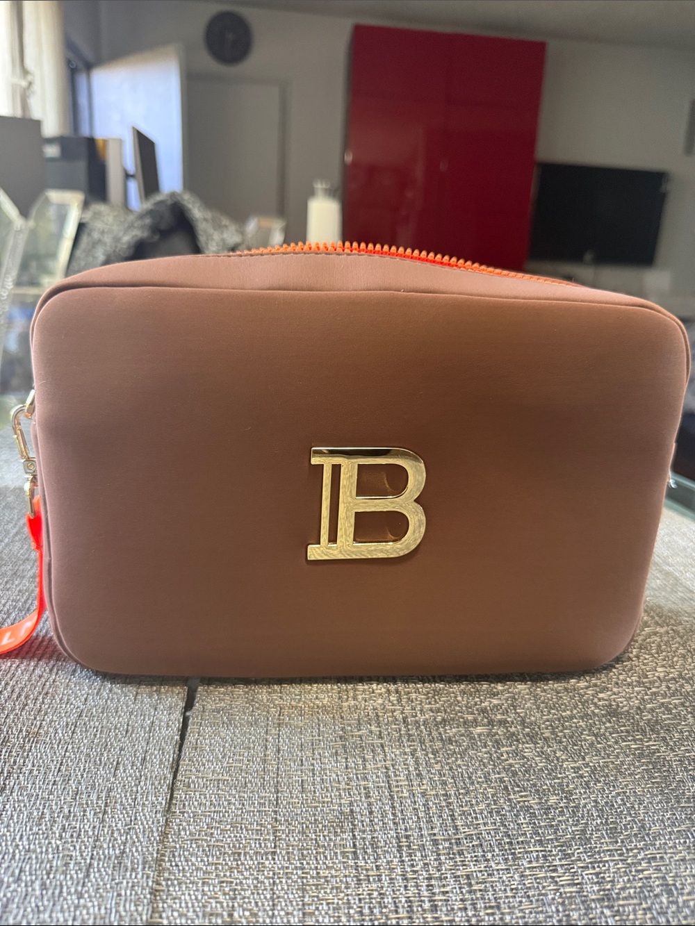 Balmain Brown Cosmetic Pouch with Orange Zipper and Gold Pull